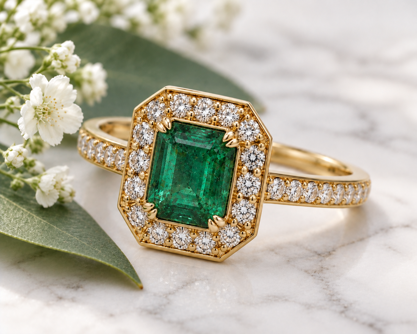 Anillo de oro con esmeralda y diamantes